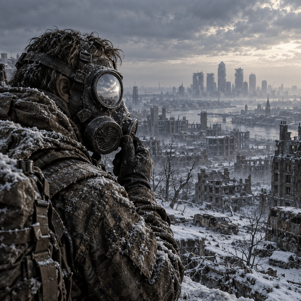 A soldier wearing a gas mask in snow-covered, ruined London beneath a dark sky.